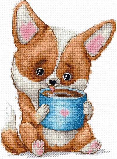 Borduurpakket Koffie Liefhebbers: Corgi (Coffee Lovers: Corgi) - Andriana