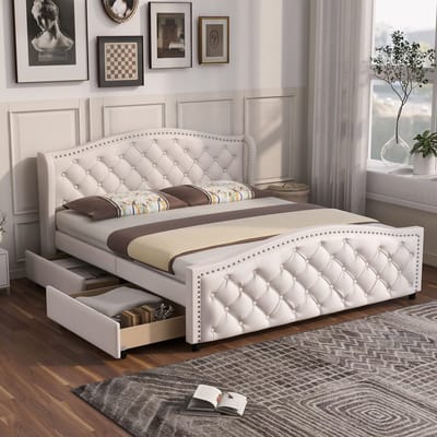 Gutent Gestoffeerd bed, Wit (zonder matras), 140 x 200 cm, bed met Lattenbodem, 2 Laden en Hoofdbord met spannagels, hout en kunstleer, logeerbed voor jeugdbedden