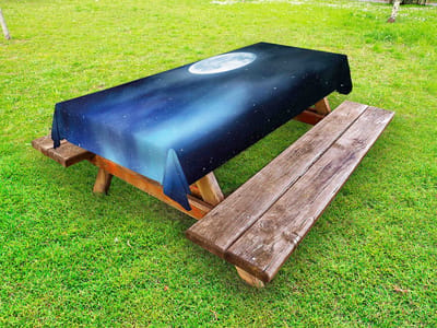 ABAKUHAUS Maan Buitentafelkleed, Sterrenhemel Volle Maan, Decoratief Wasbaar Picknicktafelkleed, 145 x 265 cm, Zwart Blauw Wit