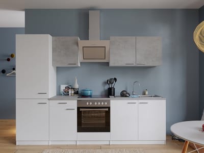 Goedkope keuken 270 cm - complete keuken met apparatuur Malia - Wit/Beton - soft close - keramische kookplaat - afzuigkap - oven - spoelbak