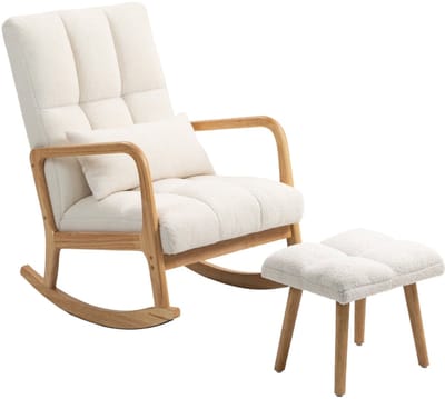 Merax Schommelstoel met Hocker – Relaxstoel met Fleece Bekleding & Armleuningen – Verstelbare Rugleuning – Houten Kufen – Fauteuil Woonkamer – Wit
