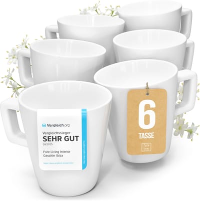 Pure Living Crystal Koffiemokken - Wit - 6 Stuks (365 ml) - Massief Porselein - Krasbestendig - Magnetron & Vaatwasserbestendig