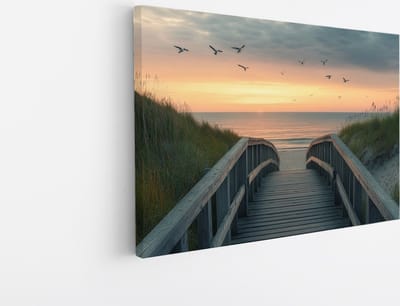 Saammp Canvas Schilderij - Brug tussen de duinen - strand en zee - 45x30 - Foto op canvas - Wanddecoratie - muurdecoratie Woonkamer - Slaapkamer decoratie - Canvas Print