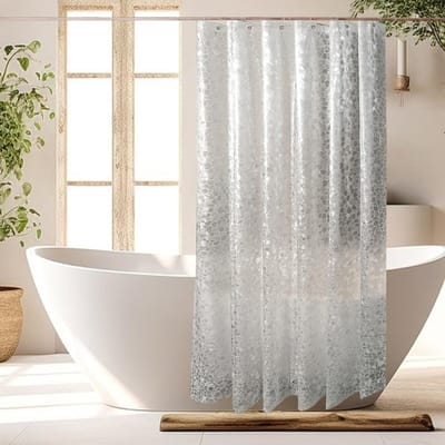 Set van Douchegordijn met Steentjespatroon 180 x 200 cm, Waterdicht EVA met 3 Verzwaarde Magneten en 12 Ringen voor Badkamer, Transparant en Duurzaam