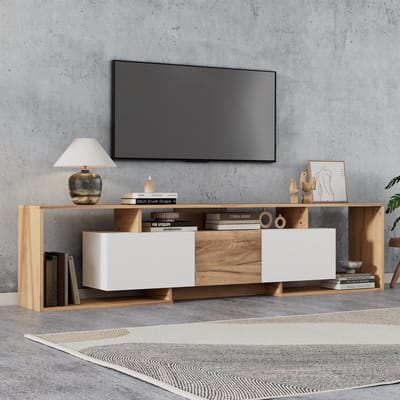 Clruro TV meubel - 180 x 30 x 49 cm - met LED en met deuren - Spaanplaat - Wit + naturel