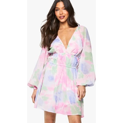 boohoo Dames Bloemen mini-jurk met gesnoerde taille en ballonmouwen | Blue | Maat: 8