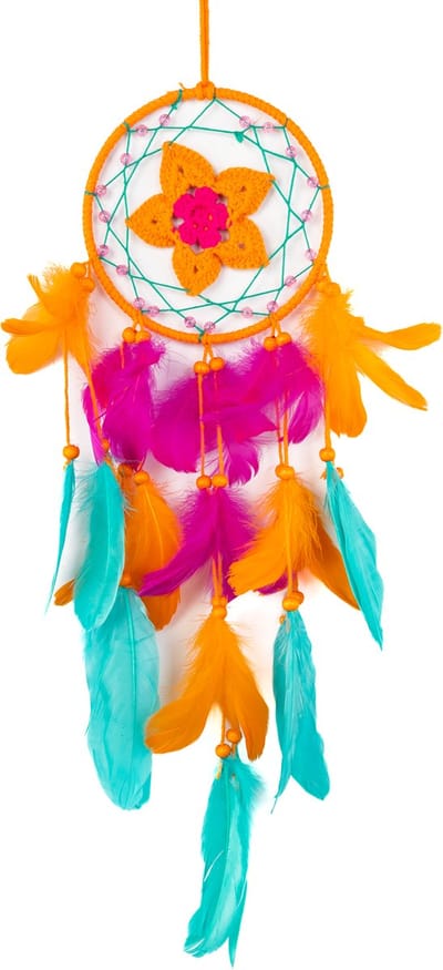 KIMU® Dromenvanger Bloem Roze Oranje Turquoise - Dreamcatcher Veren Macramé - Bohemian Ibiza Kinderen Boho Babykamer Buiten Kado Meisjeskamer Veertjes Festival