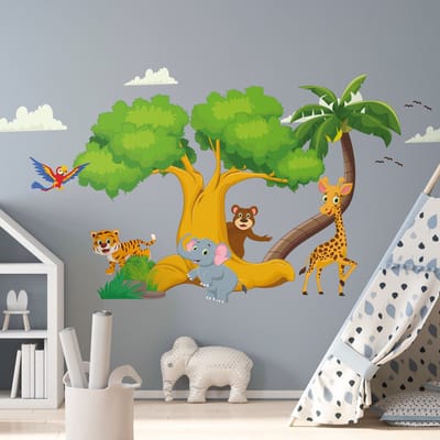 Muurstickers - Dieren onder de bomen - Zelfklevende stickers - 70x105cm