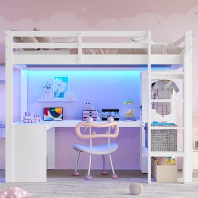 Hoogslaper 140 x 200 cm wit - Met bureau en multifunctionele rekken - LED-verlichting en USB-aansluiting - ruimtebesparend bed - bed met opbergruimte
