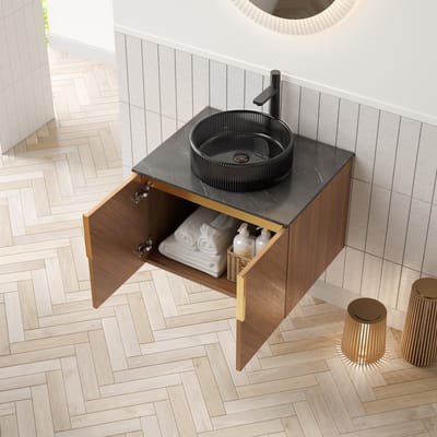 MODFU Badkamermeubel - Ronde Wastafel Van Zwart Glas - Zwevend - Diagonaal Ontwerp - Bruin Eikenlook - 61 Cm