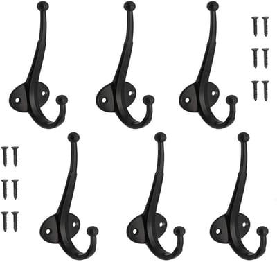 6 stuks kapstokhaken, zwart, dubbele haak, retro wandkapstok, metalen deurhaak, dubbele haak, met schroeven, voor badkamer, keuken, slaapkamer, entree