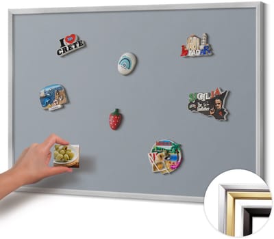 Wallfluent - Grijs Magneetbord Met Effen Achtergrond - 100 cm x 70 cm - Magneetbord met Zilveren Frame - Grijze kleur - Magnetisch Bord Foto Bevestiging - Magnetisch Bord Muurbevestiging - Design Magneetbord met Frame