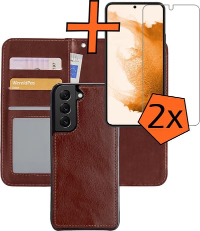 Hoes - 2 in 1 - Geschikt voor Samsung Galaxy S22 - Met 2x Screenprotector - En Uitneembare Hard Cover - Bookcase - Wallet Case - Met Pasjeshouder - Book Case - Uitneembaar - Pashouder - Kunstleer - Bruin