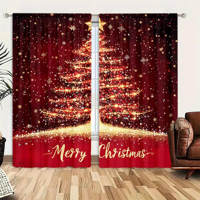 2 stuks Schitterend en Gloeiend Kerstboom Bedrukt Gordijn voor Huisdecoratie - Tunnel voor Roede Raambekleding voor Slaapkamer, Kantoor 52.5cmX116cm X 2pcs brown