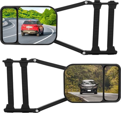 Universele Caravanspiegels – Set van 2 – Verstelbare Opzetspiegels – Dubbel Zicht met Groot + Convex Glas – Alleen geschikt voor rechthoekige buitenspiegels – Zwart