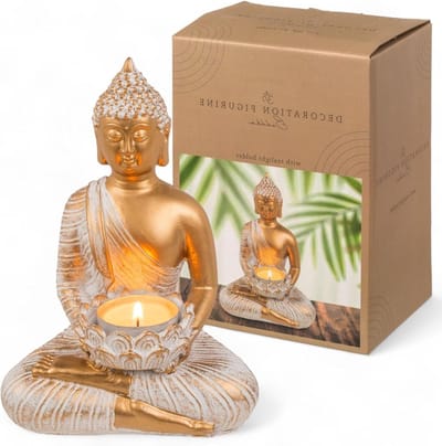 Dailygoods - Boeddha Decoratiebeeld - Goud en Wit - Vintage Look met Theelichthouder