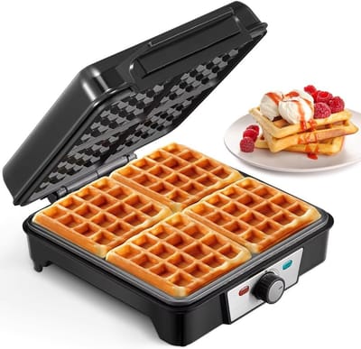 Compact Wafelmaker - Apparaat - Snelle Wafels Maken - Antiaanbaklaag Dubbelzijdig - Vierkant Design - Zilverkleurig