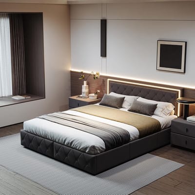 Tweepersoons Bed 140x200 met Opbergruimte, LED Verlichting en Gecapitonneerd Hoofdbord - Grijs Tweepersoonsbed