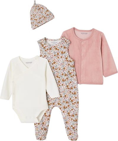 Vertbaudet Geboorteset rompertje + tuinbroek + muts + vest
