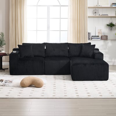 MODENUIT Hoekbank 257x160 cm - Modulair Met Chaise Longue, Zijvakken En Bekerhouders - Voor Woonkamer - Cord Zwart