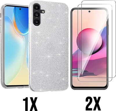 Casemania Hoesje Geschikt voor Samsung Galaxy A14 - Zilver + 2X Glazen Screenprotector - Glitter Back Cover
