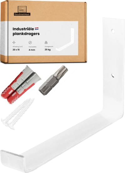 GoudmetHout® Industriële Plankdragers L-vorm UP - 20 cm - Stalen Plankdrager voor Wandschap, Muurrek of Wandconsole - Max 25 kg - 1 stuk - Mat Wit