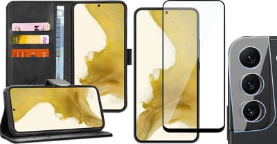 Hoesje geschikt voor Samsung Galaxy S22 Plus - Book Case Kunstleer Wallet Cover Portemonnee Pasjeshouder Hoes Zwart - Full Tempered Glass Screenprotector - Camera Lens Protector