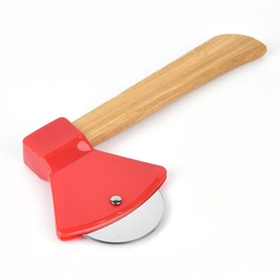 Axe Pizzasnijder met Bamboe Handvat Pizzawiel Rasp Roterend Mes Pizzames beige