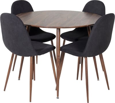 PlazaWA100 eethoek eetkamertafel Okkernoot decor en 4 Polar eetkamerstal zwart.