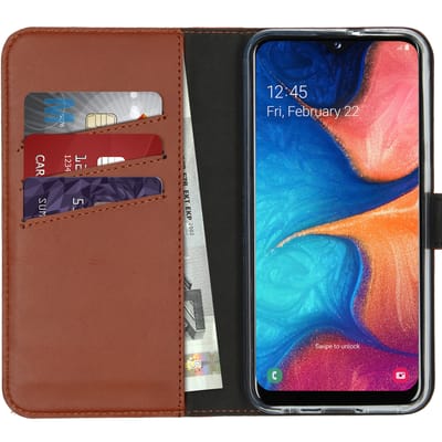 Selencia Hoesje - Geschikt voor Samsung Galaxy A20e - Echt Lederen Bookcase - Lichtbruin