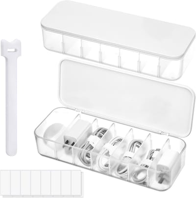 2-delige Kabel Organizer met 14 Kabelbinders, Duidelijke Kabelopslagdoos met Deksel, Desktop Kabelbeheer met 7 Compartimenten voor Oplader en Accessoires