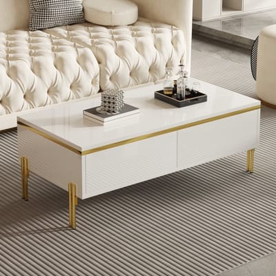 MODENUIT Salontafel - Hoogglans Met Dubbele Lade Voor Woonkamer - Spaanplaat En Metaal - 100x50x36 Cm - Wit