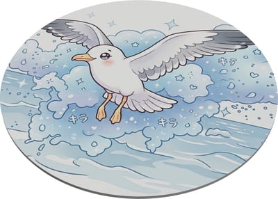 Muismat Rond Kawaii Zeemeeuw - Vliegende Vogel boven Zee en Strand - Japanse Glitter Stijl met Wolken - Zomerse Bureau Decoratie - Vrolijk Cadeau voor haar: Vriendin & Collega - Oceaan Thema Illustratie - Schattige Strandvogel