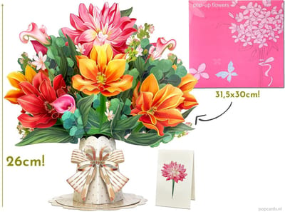 Popcards megagrote pop-up kaart - Boeket Dahlia\'s in Vaas | Supergrote wenskaart 3D kaart