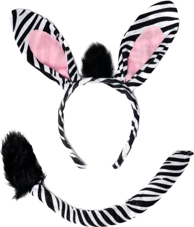 KIMU® Zebra Haarband Oren & Staart Diadeem Set - Zebraprint Zwart Wit Gestreept Dierenpak Paard Oortjes Pak - Kinderfeestje Festival