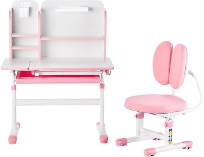 Kinderbureau en Stoelset, In Hoogte Verstelbaar met Boekenplank en Lade, 0-40° Schuin Blad, Bureau voor Slaapkamer en Studeerkamer, Roze