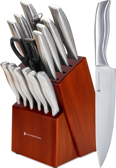 KitchenBrothers Messenset - Messenblok met Messen - 16-Delig - met Schaar en Aanzetstaal - Acacia wood