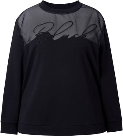 Ulla Popken - Dames - Trui schouders van tule ronde hals lange mouwen - Zwart - Maat 46+