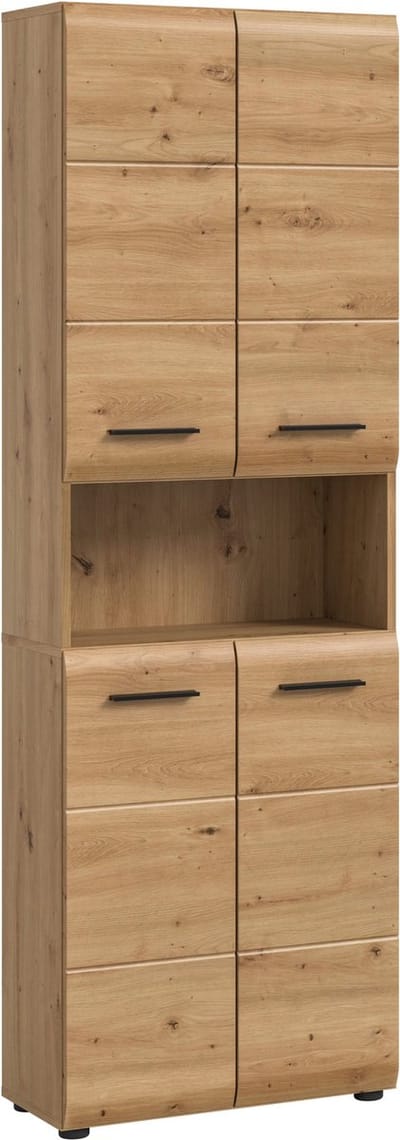 Brede hoge kast in artisan eik - Ruime badkameropbergoplossing op wielen