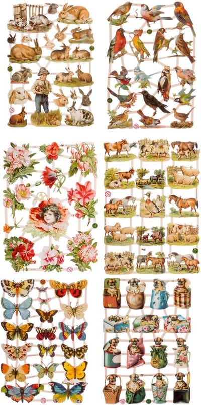 Poëzieplaatjes - 6 vellen - Bloemen - Vlinders - Vogels - Konijnen - Boerderijdieren - Honden - Poëziealbum - hobby - creatief - bulletjournaal - vriendenboek - dagboek - decoupage - knutselen - scrapbook