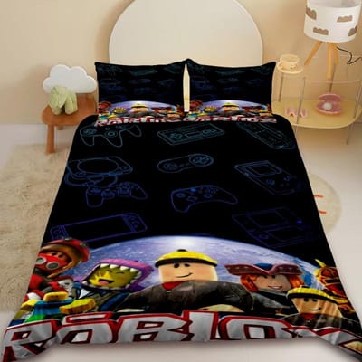 Dessin Animé Roblox 3 Pièces Housse de Couette Roblox Jeu Ensemble de Literie pour Enfants Adolescents Anime Doux pour la Peau Décor de Chambre à Coucher US Twin173x218cm