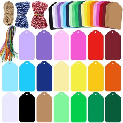 200 Stuks Kraft Papieren Cadeaulabels met Gaten in 20 Kleuren, Rectangulaire Hangtags voor Kerst, Bruiloften en Feestjes met Touwrollen