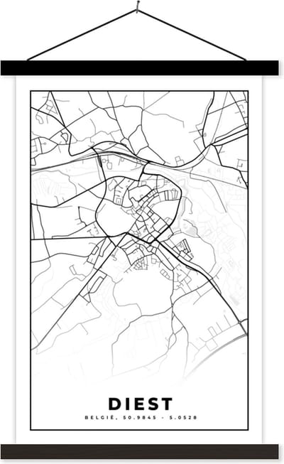 Posterhanger incl. Poster 40x60 cm - Schoolplaat - Kaart – Plattegrond – Stadskaart – Diest – België – Zwart Wit - Textielposter - Zwarte latten - Stadskaart
