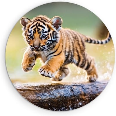 Saammp Muurcirkel Hout - Tijger welp op boom - Natuur - Dieren - Ø 90 - Wandcirkel - Wanddecoratie Cirkel - muurdecoratie Woonkamer - Slaapkamer decoratie - Rond Schilderij