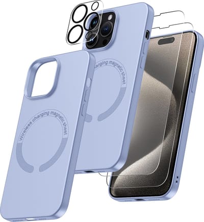 Hoesje Geschikt voor iPhone 15 Pro Max Magsafe hoes incl 2x gehard glazen screenprotector & 1x cameraLens protector – Licht Blauw