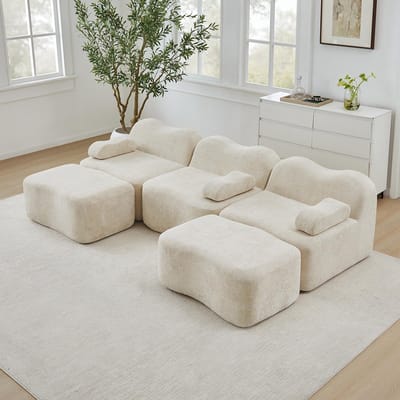 BLACKCOLORS Modulaire U-vormige 3-zitsbank met 2 chaise longues, schuim met hoge dichtheid 32D, golvende vorm, diepe zitting, afneembare armleuningkussens, voor de woonkamer, beige