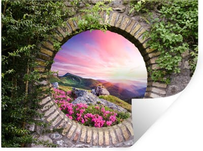 Muurstickers - Sticker Folie - Landschap - Bloemen - Doorkijk - Berg - 40x30 cm - Plakfolie - Muurstickers Kinderkamer - Zelfklevend Behang - Zelfklevend behangpapier - Stickerfolie