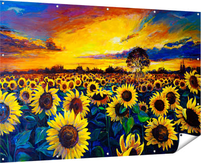 Gards Tuinposter Getekende Zonnebloemen Veld met Olieverf - 180x120 cm - Tuindoek - Tuindecoratie - Wanddecoratie buiten - Tuinschilderij