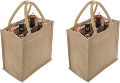 Boodschappentas - 2x - voor 6 flessen - naturel - 29 x 27 cm - jute - boodschappentas - Wijnflessen tas - Draagtassen met hengsels