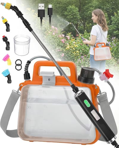 Elektrische drukspuit 8L (2,1 Gallon) Oranje – USB oplaadbaar – inklapbaar & compact design – 4 sproeikoppen – telescopische lans – LED-indicator – afsluitventiel – verstelbare draagriem – draagbare tuinsproeier voor tuin & gazon